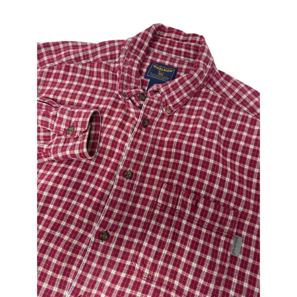 Vintage Woolrich Button Down Flannel Shirt Size Large Long Sleeve Red‎ Tan Plaid - Picture 1 of 5